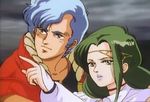  1boy 1girl 80s blue_hair eddie_evans gradius green_hair jacket konami paola pointing salamander tiara 