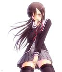  1girl amamiya_sayuri black_hair blush bonnie_(rsg) clothed_masturbation fingering long_hair masturbation pussy_juice school_uniform simple_background solo thighhighs tokimeki_memorial tokimeki_memorial_online white_background zettai_ryouiki 