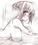  blush breasts large_breasts long_hair matsuno_canel monochrome nipples nude original ponytail sketch solo water 