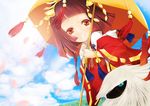  brown_hair gen_5_pokemon hachitori_tobari japanese_clothes larvesta nobunaga_no_yabou okuni orange_eyes oriental_umbrella petals pokemon pokemon_(creature) pokemon_(game) pokemon_+_nobunaga_no_yabou short_hair smile umbrella 