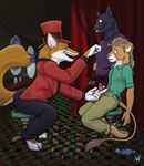  canine checkered_floor chris_mckinley clothing curtains daniel_king feline fox gay gerald_anton group hat hypnosis lion male mammal masturbation mind_control open_pants pants precum stool top_hat 