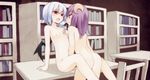  ass back bad_id bad_pixiv_id bat_wings blue_hair bookshelf chair collaboration collarbone crescent fingering flat_chest fuukadia_(narcolepsy) kazeharu leaning_forward long_hair multiple_girls navel nipples no_hat no_headwear nude open_mouth patchouli_knowledge purple_eyes purple_hair red_eyes remilia_scarlet shorts sitting table touhou wings yuri 