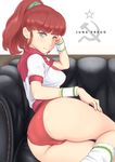  ass blue_eyes couch hammer_and_sickle hand_on_own_head highres jacket jung_freud long_hair looking_at_viewer looking_back lying on_side one-piece_swimsuit red_hair smile socks solo star swimsuit top_wo_nerae! wa_(genryusui) white_legwear wristband 