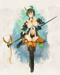 ahoge armor bare_shoulders bikini_armor bird bra breasts brown_hair cleavage feathers gloves greaves green_eyes highres large_breasts midriff navel pixiv_fantasia pixiv_fantasia_new_world short_hair short_shorts shorts smile solo staff thighhighs underwear zhuzi 