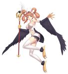  bad_id bad_pixiv_id bare_shoulders black_wings breasts choker claws dress duel_monster feathered_wings feathers harpie_channeler harpy large_breasts long_hair midriff monster_girl navel orange_eyes orange_hair pointy_ears simple_background skindentation smile solo staff strapless strapless_dress talons thighhighs tsukikanade twintails white_background white_legwear wings yuu-gi-ou 