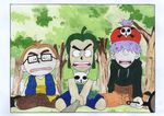  child club east_blue forest frying_pan glasses hair_over_eyes hat hood hoodie jolly_roger male male_focus multiple_boys nature ninjin_(one_piece) one_piece outdoors piiman pilman purple_hair sash shirt skull_and_crossbones t-shirt tamanegi_(one_piece) tree trio vest weapon young younger 