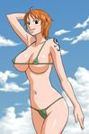  areola_slip areolae armpits arms_up bare_shoulders bikini black_eyes breasts cloud erect_nipples large_breasts legs micro_bikini nami nami_(one_piece) navel one_piece orange_hair pirate short_hair sky smile solo standing swimsuit tattoo x_bokkis 