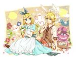  1girl alice_(wonderland) alice_(wonderland)_(cosplay) alice_in_wonderland animal_ears apron aqua_eyes blonde_hair book brother_and_sister bunny_ears caterpillar_(wonderland) cheshire_cat cosplay dress hair_grab hair_ornament hair_ribbon hairclip kagamine_len kagamine_rin kvchi long_hair ponytail ribbon shorts siblings sitting skirt smile twins victorian vocaloid watch white_rabbit white_rabbit_(cosplay) 