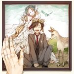  1girl animal bad_id bad_pixiv_id bare_shoulders blonde_hair bridal_veil brown_hair bunny closed_eyes couple deer dress flower formal happy head_wreath hetero jewelry kagerou_project komo kozakura_marry long_hair necktie picture_frame pov putting_on_headwear ring seto_kousuke short_hair smile souzou_forest_(vocaloid) suit veil wedding wedding_dress 