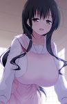  apron black_hair blush breasts brown_eyes collarbone huge_breasts hyuuga_takashi iwato_kasumi leaning_forward long_hair open_mouth saki solo 