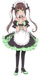  apron bare_shoulders brown_hair choker dress full_body green_eyes hands_clasped high_heels long_hair maid maid_headdress original own_hands_together pantyhose shoes simple_background solo twintails waist_apron white_background wrist_cuffs yumegi_atsuki 