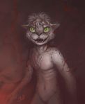  2018 angry anthro blood cheetah dark_background digital_media_(artwork) feline gore green_eyes insane lone magic magic_user male mammal nude open_mouth portrait simple_background smile solo standing teeth twymouse 