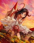  absurdres bad_id bad_pixiv_id bee_(the-bee8607) black_hair blue_eyes bouquet breasts cleavage dragon_tail dress flower highres horns leaning_forward long_hair medium_breasts original sky solo sunset tail 