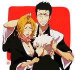  2boys annoyed bad_id bad_pixiv_id bleach blonde_hair breasts closed_eyes grin haori hitsugaya_toushirou japanese_clothes jewelry kurosaki_isshin large_breasts long_hair matsumoto_rangiku mole mole_under_mouth motsu_(f0204) multiple_boys necklace petting smile spoilers taichou_haori white_hair younger 