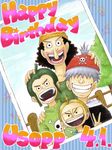  4boys bandanna birthday black_hair blonde_hair character_name east_blue glasses hat male male_focus multiple_boys ninjin_(one_piece) one_piece photo_(object) piiman pilman purple_hair tamanegi_(one_piece) usopp young younger 