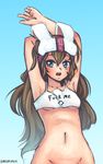  animal_ears armpits arms_up barbariank blue_eyes bottomless breasts brown_hair bunny_ears clothes_writing crop_top dungeon_and_fighter fuck-me_shirt groin headband highres long_hair meme_attire mintai navel non-web_source out-of-frame_censoring profanity solo underboob 