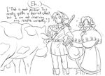 1boy 1girl animal_ears apron blush boots breast_expansion breasts comic cow cow_ears cow_girl cow_horns cow_tail english gigantic_breasts greyscale hat horns instrument lineart link long_hair malon master_sword matsu-sensei monochrome neckerchief ocarina older over_shoulder pointy_ears raised_eyebrow skirt sweatdrop sword sword_over_shoulder tail the_legend_of_zelda the_legend_of_zelda:_ocarina_of_time transformation tunic udder underboob waist_apron wardrobe_malfunction weapon weapon_over_shoulder 