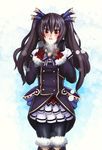  barbariank black_hair black_legwear boots bow cold dress fur_boots fur_trim gloves hair_ornament kami_jigen_game_neptune_v knee_boots long_hair neptune_(series) noire pantyhose red_eyes skirt snowing solo twintails 
