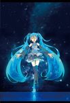  aqua_hair boots closed_eyes detached_sleeves hatsune_miku headset highres letterboxed long_hair mathuri musical_note navel necktie night open_mouth skirt sky solo star star_(sky) starry_sky thigh_boots thigh_gap thighhighs twintails very_long_hair vocaloid 