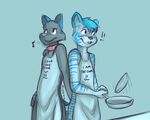  anthro apron bastion black_fur blue_hair butt butt_grab canine collar cooking couple duo feline food frying_pan fur grope hair humor male mammal naked_apron pancake smile standing storm-tiger stripes tiger white_fur wolf 