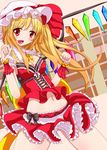  adapted_costume blush bow corset fang flandre_scarlet haru_ion hat hat_bow looking_at_viewer midriff navel open_mouth red_eyes shirt skirt skirt_set smile solo touhou wings wrist_cuffs 