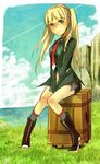  1girl amatsuki_colors aqua_eyes boots breasts brown_hair cloud elle_mel_martha grass long_hair necktie ocean shorts smile socks tales_of_(series) tales_of_xillia tales_of_xillia_2 teenage twintails 