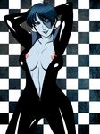  1girl blue_eyes blue_hair bodysuit breasts domino_(marvel) lipstick makeup marvel navel nipples open_mouth spring_rain 