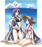  arieta_lyuis beach bikini breasts cleavage day growlanser growlanser_ii hat high_heels long_hair medium_breasts multiple_girls outdoors purple_eyes purple_hair sandals shoes side-tie_bikini swimsuit taka_masahiro very_long_hair yellow_eyes 