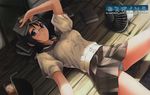  absurdres black_hair blue_eyes book drink drinking_straw electric_fan glass glasses hashimoto_takashi highres lying panties pantyshot pantyshot_(lying) plaid plaid_skirt school_uniform short_hair skirt solo tray underwear white_panties yorihime_nao yosuga_no_sora 