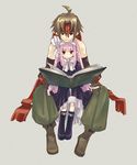  1girl book brown_hair disgaea dress gloves headband kumako_(kumazm) long_hair mage_(disgaea) male_warrior_(disgaea) pink_hair pointy_ears red_eyes ribbon short_hair sitting 