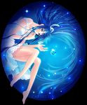  apple bare_shoulders barefoot blue_eyes blue_hair bow breasts carnelian cleavage copyright_request food fruit hair_bow long_hair medium_breasts solo very_long_hair 