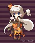  anju_(mocomocousagi) blue_eyes chibi ghost halloween hitodama konpaku_youmu konpaku_youmu_(ghost) purple_background ribbon short_hair solo striped striped_background sword touhou trick_or_treat weapon white_hair 