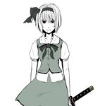  bad_id bad_pixiv_id black_hairband green hairband highres katana konpaku_youmu monochrome ootsuka_akito red_eyes solo spot_color sword touhou weapon 