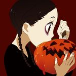  addams_family bags_under_eyes braid gothic halloween jack-o'-lantern knife pale_skin pumpkin rakuraku solo twin_braids wednesday_addams 