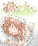  animal_ears bed brown_hair chibi closed_eyes dreaming holo nishiwaki sheep sleeping smile spice_and_wolf wolf_ears 
