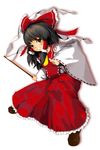  black_hair blush frills gohei hair_tubes hakurei_reimu holding laboto long_skirt long_sleeves looking_at_viewer red_skirt ribbon-trimmed_sleeves ribbon_trim sidelocks simple_background skirt solo stick touhou white_background 