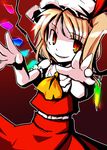  ascot blonde_hair cowboy_shot crystal demon_wings dress evil_smile flandre_scarlet hat looking_at_viewer mob_cap neki-t outstretched_arms parted_lips puffy_short_sleeves puffy_sleeves red_dress red_eyes shaded_face short_sleeves smile solo touhou wings wrist_cuffs 