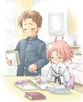  1girl ahoge book kogami_akira lucky_star pink_hair shiraishi_minoru short_hair studying tears tissue_box ubizo writing yellow_eyes 