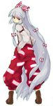  ankle_boots boots brown_footwear fujiwara_no_mokou full_body long_hair long_sleeves looking_at_viewer multi-tied_hair ofuda pants shikai_(iesiki_56) simple_background solo standing suspenders touhou very_long_hair white_background 