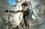  animal_ears armor artist_name bunny_ears dark_skin final_fantasy final_fantasy_xii fran mos navel revealing_clothes solo text_focus thighhighs thighs traditional_media viera white_hair 