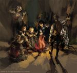  4boys ashelia_b'nargin_dalmasca balflear basch_fon_ronsenburg black_hair blonde_hair brown_hair campfire everyone final_fantasy final_fantasy_xii fire fran larsa_ferrinas_solidor long_hair mos multiple_boys multiple_girls penelo short_hair short_twintails sitting smile standing twintails vaan vest viera white_hair 