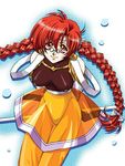  growlanser growlanser_i lowres misha_(growlanser) orange_skirt red_hair see-through skirt solo taka_masahiro 