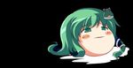  black_background blush_stickers disembodied_head eyebrows_visible_through_hair frog_hair_ornament full_body green_eyes green_hair hair_ornament kochiya_sanae long_hair looking_up lowres no_humans simple_background solo touhou utsurogi_angu yukkuri_shiteitte_ne 