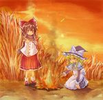  :d apron blonde_hair blush braid brown_eyes brown_hair cold dress fire flame hakurei_reimu hat kirisame_marisa kneeling looking_at_viewer miya_(tsumazukanai) multiple_girls open_mouth orange_sky outdoors red_dress ribbon-trimmed_sleeves ribbon_trim scarf single_braid sky smile standing sunset touhou waist_apron witch_hat 