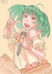  \m/ bare_shoulders bow character_name copyright_name dated detached_sleeves dress green_hair looking_at_viewer macross macross_frontier microphone open_mouth orange_background orange_bow orange_dress orange_ribbon ranka_lee red_bow red_eyes red_ribbon ribbon seikan_hikou short_hair simple_background solo teeth upper_body zenkou 