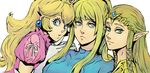  artist_request blonde_hair blue_eyes dress earrings elbow_gloves gloves green_eyes jewelry long_hair mario_(series) metroid multiple_girls pink_dress pointy_ears ponytail princess_peach princess_zelda ring samus_aran super_mario_bros. super_smash_bros. the_legend_of_zelda the_legend_of_zelda:_twilight_princess tiara zero_suit 