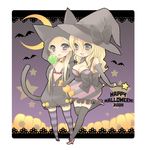  2girls animal_ears anklet artist_request bat bell bell_collar blonde_hair blush bow bra candy cat_ears cat_tail chibi collar copyright_request crescent_moon fingerless_gloves food frills gloves halloween happy_halloween hat high_heels jack-o'-lantern jewelry lace lingerie lollipop long_hair moon multiple_girls pumpkin shoes silver_eyes standing standing_on_one_leg star striped striped_legwear swirl_lollipop tail thighhighs underwear wand witch_hat zettai_ryouiki 