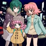  backpack bad_id bad_pixiv_id bag beanie bike_shorts child city coat fjt_(fjym2) green_hair hat holding_hands lowres multiple_girls oekaki original pantyhose pink_hair 