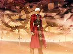  absurdres archer brown_eyes dark_skin dark_skinned_male fate/stay_night fate_(series) field_of_blades highres male_focus manly scan solo sword takeuchi_takashi unlimited_blade_works weapon white_hair 