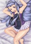  armpits bangs barefoot bed blue_hair blunt_bangs hair_tubes kannagi long_hair nagi nullhachi pleated_skirt skirt solo white_skirt 